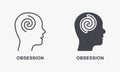 Mental Obsession in Human Head Silhouette and Line Icon Set. Depression, Hypnosis Psychology Therapy Pictogram. Mind