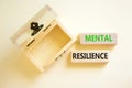 Mental resilience symbol. Concept word Mental resilience typed on wooden blocks. Beautiful white background. Empty wooden chest.