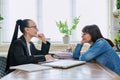 Mental therapy, session of smiling middle-aged female patient with psychological counselor Royalty Free Stock Photo