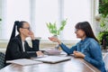 Mental therapy, session of smiling middle-aged female patient with psychological counselor Royalty Free Stock Photo