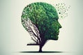 Mental Wellness Positivity and Creativity concept with Head in a shape of a tree with green leafs. Ai generated Royalty Free Stock Photo