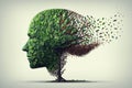 Mental Wellness Positivity and Creativity concept with Head in a shape of a tree with green leafs. Ai generated Royalty Free Stock Photo