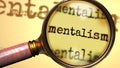 Mentalism and a magnifying glass on English word Mentalism to symbolize studying, examining or searching for an explanation and