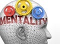 Mentality and human mind - pictured as word Mentality inside a head to symbolize relation between Mentality and the human psyche,