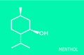 Menthol molecule on white, over a turquoise background, and the molecule name on the corner with copy space