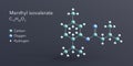 menthyl isovalerate molecule 3d rendering, flat molecular structure with chemical formula and atoms color coding