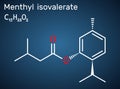 Menthyl isovalerate, validolum, validol molecule. It is drug, menthyl ester of isovaleric acid. Dark blue background