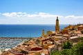 Menton, France. Aerial view of the old town architecture and the Basilica of Saint Michel Archange, the port and Riviera of Cote d Royalty Free Stock Photo