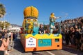 Menton, France-February 12, 2023:traditional carnival parade of Lemon Festival in colorful costumes