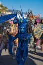 Menton, France-February 12, 2023: Unidentified woman dressed colorful blu carnival costume.