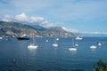Menton, France, September 2021. View of yachts, boats, mountains and sea on the Cote d`Azur on a sunny day.
