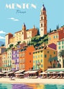 Menton, France Travel Poster in retro style.