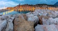 Menton. Panorama antique multi-colored facades of medieval houses on the shore of the bay.