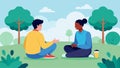 A mentor and mentee duo sitting in a park discussing strategies for coping with social anxiety in a safe and