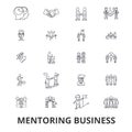 Mentoring business, mentor, coaching, business guidance, train, help, teamwork line icons. Editable strokes. Flat design