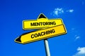 Mentoring vs Coaching - Traffic sign with two options Royalty Free Stock Photo
