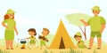 Mentors and scouts. Kids camping tourism. Young explorers pitch tent and cook at campfire. Children in uniform with Royalty Free Stock Photo