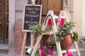 Menu advertising board and flowers. Royalty Free Stock Photo