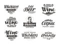 Menu, alcoholic drinks. Vector labels wine, beer, whiskey, brandy, cognac