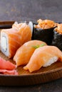 Menu of assorted sushi with salmon - Japanese cuisine Royalty Free Stock Photo