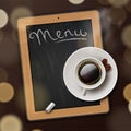 Menu blackboard background with cup of coffee