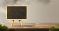 Menu blackboard on wood table backgorund with sunlight window create leaf shadow on wall with blur indoor green plant foreground.