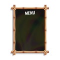 Menu Board With Bamboo Frame. Isolated On White Background. Realistic Black Chalkboard Hanging. Vector Illustration