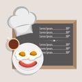 menu breakfast restaurant fried egg sausage and coffeee hat chef Royalty Free Stock Photo