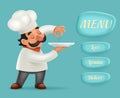 Menu Buttons Interface Chef Cook Serving Food 3d Realistic Cartoon Character Design Vector Illustrator