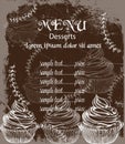 Menu card template drinks and cakes Vector. Fresh coffee, cupcakes, design line arts