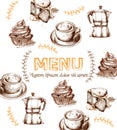 Menu card template drinks and cakes Vector. Fresh coffee, cupcakes, design line arts