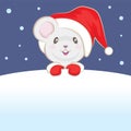 Cute Mouse Wearing Christmas Hat And Red Glove In The Snow Ground With The Snowy Background , Blank White Space For Your Text Royalty Free Stock Photo