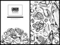 Menu cover floral design with black and white garlic, cherry tomatoes, fish, shrimp, beef, rosemary