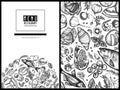 Menu cover floral design with black and white garlic, cherry tomatoes, peas, fish, shrimp, cabbage, beef, buns and bread