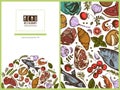 Menu cover floral design with colored garlic, cherry tomatoes, peas, fish, shrimp, cabbage, beef, buns and bread