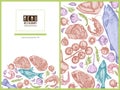 Menu cover floral design with pastel garlic, cherry tomatoes, fish, shrimp, beef, rosemary