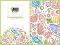 Menu cover floral design with pastel garlic, cherry tomatoes, peas, fish, shrimp, cabbage, beef, buns and bread