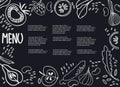 Menu design template with place for your text. Decorative frame with fruit, vegetables, beans, greens