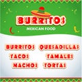 Menu elements for mexican restaurant. Mexican food flyer, brochure template. Burritos, tacos nachos, quesadilla, tamales. Royalty Free Stock Photo