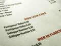 Menu with german beers listed by type and price in euros Royalty Free Stock Photo