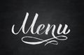 Menu hand written word on chalkboard background.. Calligraphy chalk lettering. Grunge vector illustration. Easy to edit template Royalty Free Stock Photo