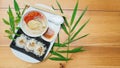 Menu idea of Vegetarian food is rice noodle and soup top view ha Royalty Free Stock Photo