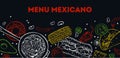 Menu Mexicano cover design template. Traditional dishes and vegetables. Burrito, fajitas, taco. Hand drawn vector sketch