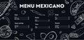 Menu mexicano design template. List of dishes and outline illustrations. Hand drawn vector sketch graphic. Black on white
