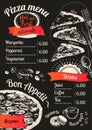 Menu pizza Vector slice chalkboard background. Doodle top view. Hand-drawn Menu illustration, line sketch.