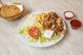 Menu plate chicken kebab with fresh cheese, with cold potatoes, white rice Royalty Free Stock Photo