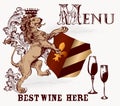 Menu or poster design in heraldic style with lion and wine Royalty Free Stock Photo