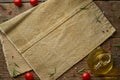 Menu, recipe, mock up, banner. Food seasoning background. Old linen napkin, spices, herbs on old rustic backdrop. Top view, copy Royalty Free Stock Photo