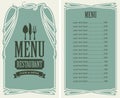 Menu for restaurant with price list and flatware