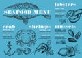 Menu seafood restaurant, food template placemat.